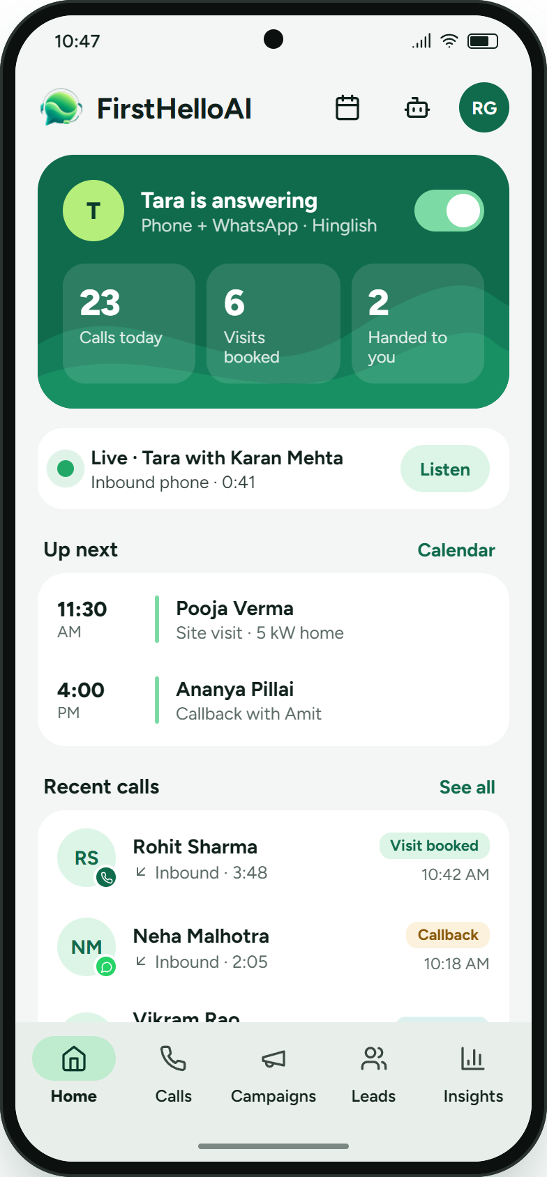 FirstHelloAI app home screen showing calls today, visits booked and recent calls